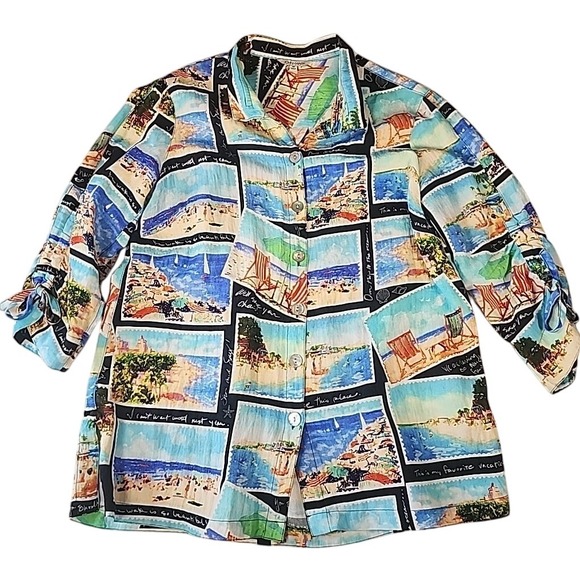 John Mark Coastal Print Button Down Top Beach Vacation Theme Medium - Picture 1 of 11
